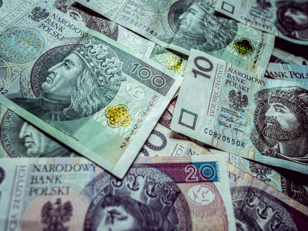 Various denominations of Polish Zloty banknotes in a close-up view, highlighting currency design.